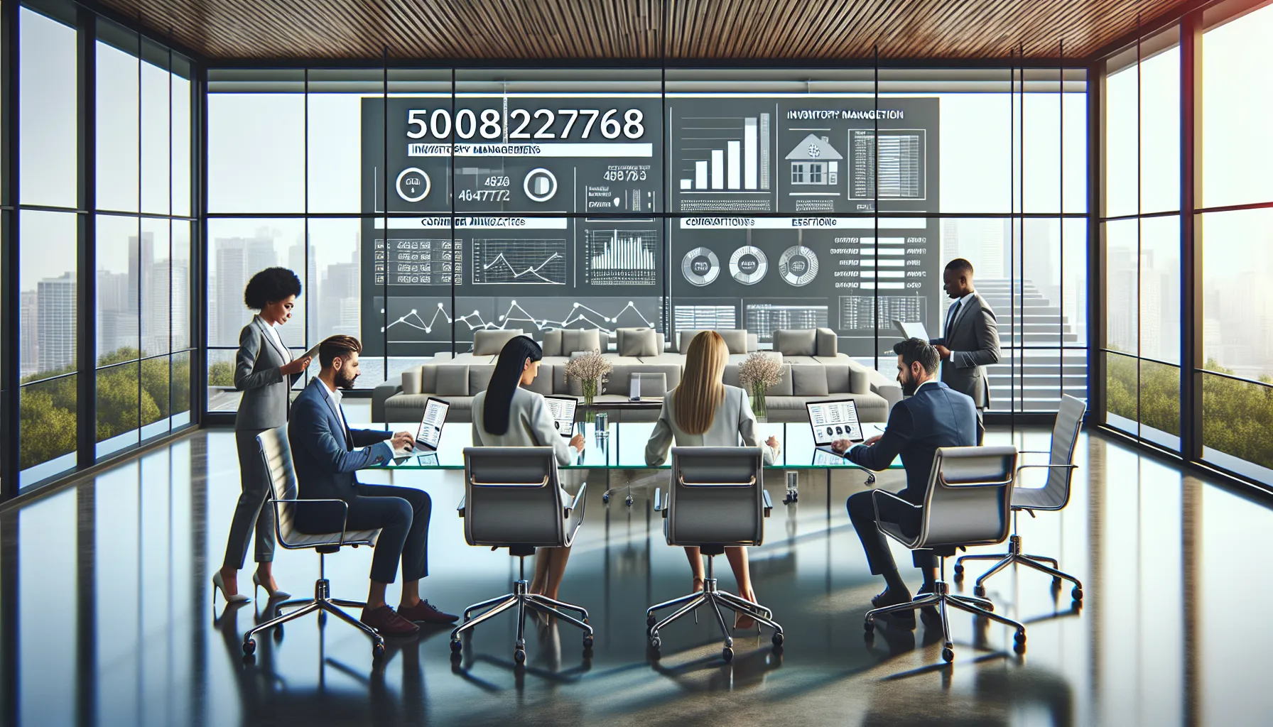 professionals collaborating in a modern office, focusing on data analysis and inventory.