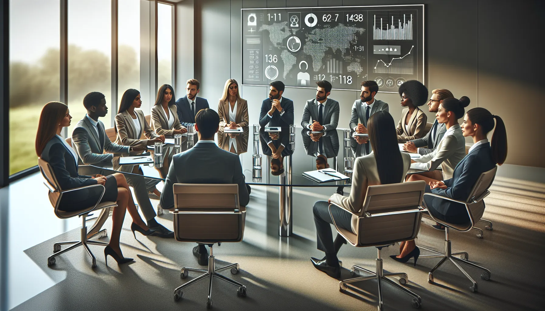 diverse professionals discussing concepts related to numbers in a modern office.