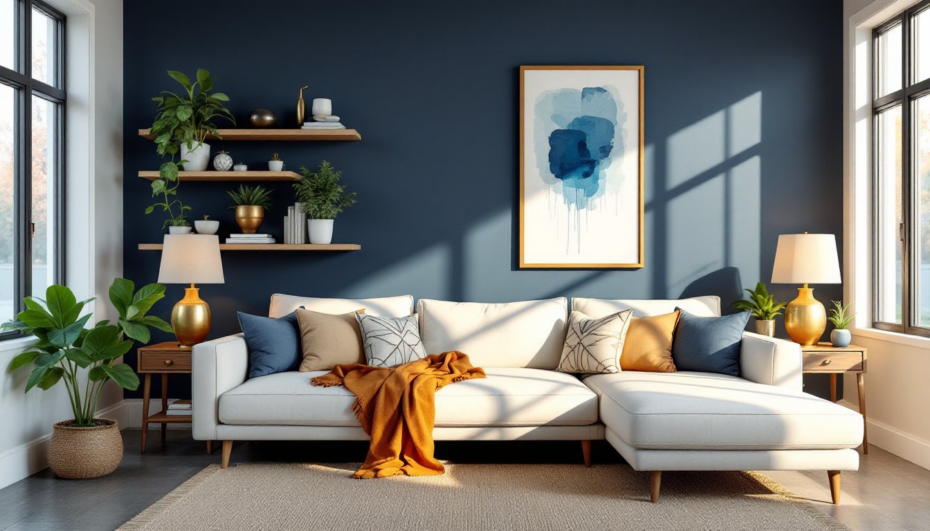 modern blue accent wall living room